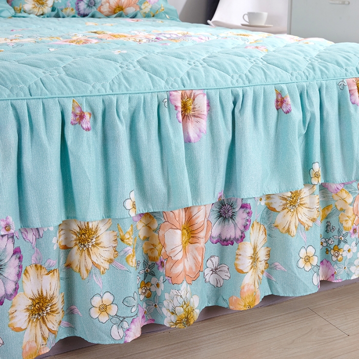 91家纺网 家纺一手货源 找家纺 美莱 2022新款夹棉加厚床裙单件床罩床裙防滑保护套 甜美花语-绿