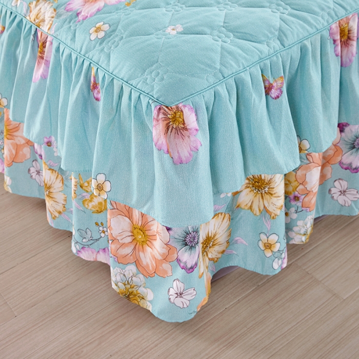 91家纺网 家纺一手货源 找家纺 美莱 2022新款夹棉加厚床裙单件床罩床裙防滑保护套 甜美花语-绿