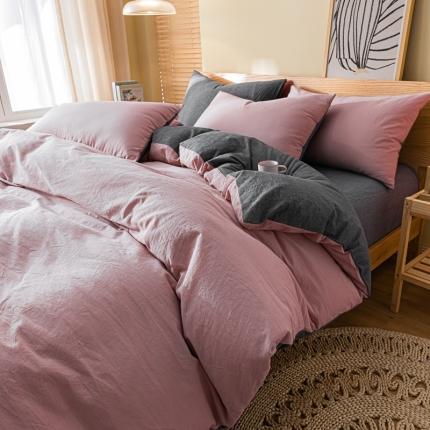 91家纺网 家纺一手货源 找家纺 秀色 2025新日系简约纯色双拼全棉可水洗四件套 浅蓝+浅灰