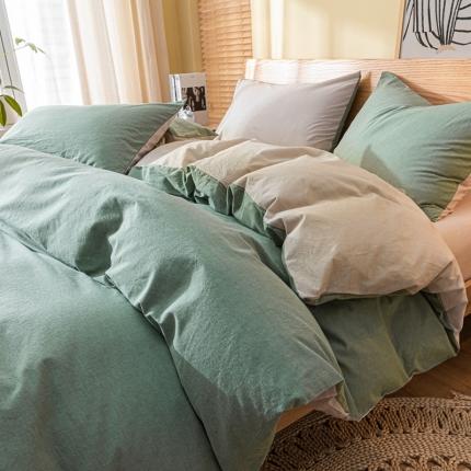 91家纺网 家纺一手货源 找家纺 秀色 2025新日系简约纯色双拼全棉可水洗四件套 浅蓝+浅灰