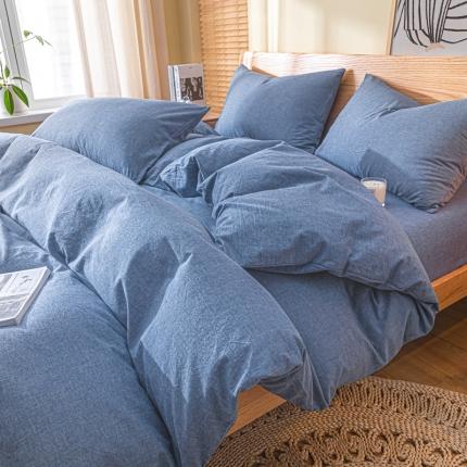 91家纺网 家纺一手货源 找家纺 秀色 2025新日系简约纯色双拼全棉可水洗四件套 浅蓝+浅灰