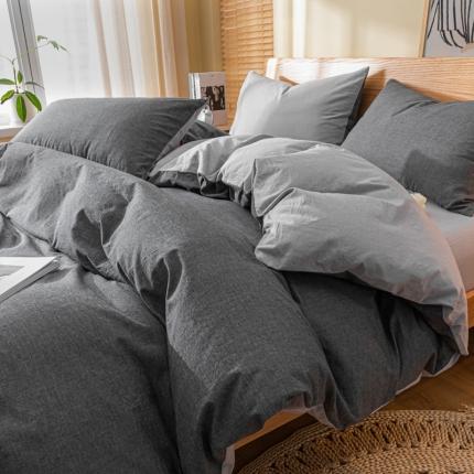 91家纺网 家纺一手货源 找家纺 秀色 2025新日系简约纯色双拼全棉可水洗四件套 浅蓝+浅灰