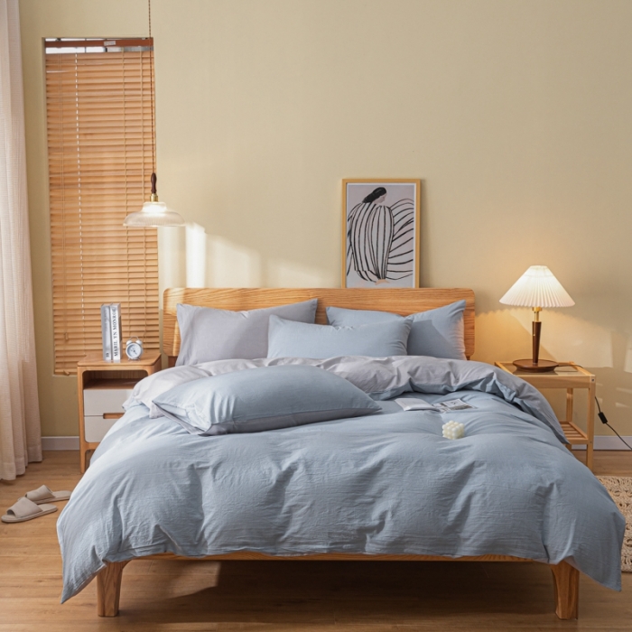 91家纺网 家纺一手货源 找家纺 秀色 2025新日系简约纯色双拼全棉可水洗四件套 浅蓝+浅灰