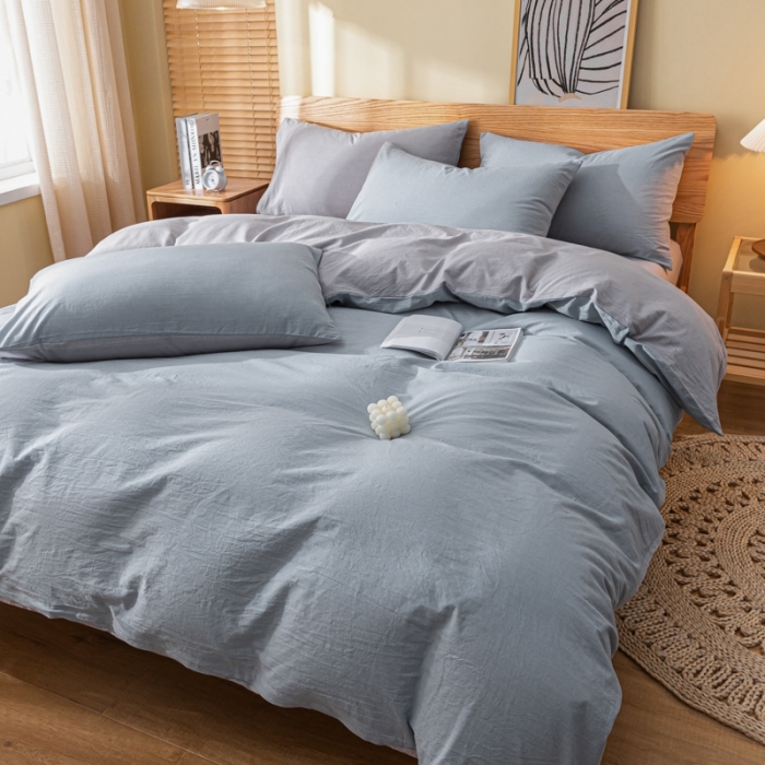 91家纺网 家纺一手货源 找家纺 秀色 2025新日系简约纯色双拼全棉可水洗四件套 浅蓝+浅灰