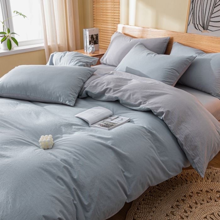 91家纺网 家纺一手货源 找家纺 秀色 2025新日系简约纯色双拼全棉可水洗四件套 浅蓝+浅灰