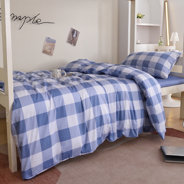 91家纺网 家纺一手货源 找家纺 麦伦家居 2022新款全棉40支13372全棉学生三件套 方格蓝