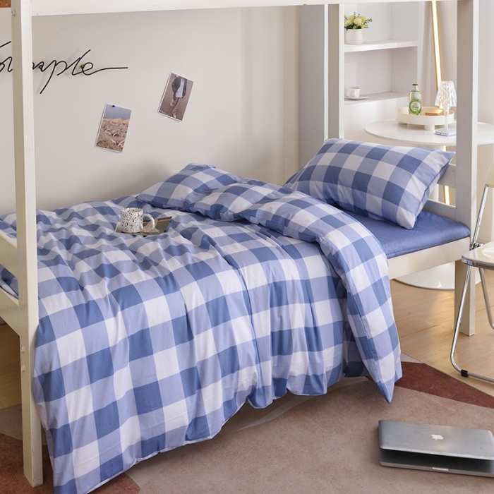 91家纺网 家纺一手货源 找家纺 麦伦家居 2022新款全棉40支13372全棉学生三件套 方格蓝