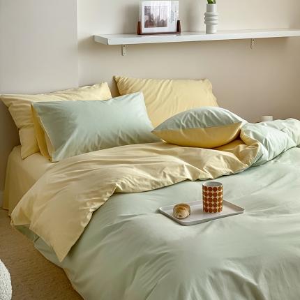 双拼全棉水洗棉纯棉四件套ins简约北欧纯色床笠款套件