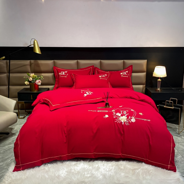 91家纺网 家纺一手货源 找家纺 靓生活 2022新款高克重磨毛刺绣四件套 相爱一生-大红