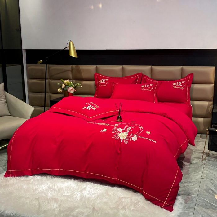 91家纺网 家纺一手货源 找家纺 靓生活 2022新款高克重磨毛刺绣四件套 相爱一生-大红