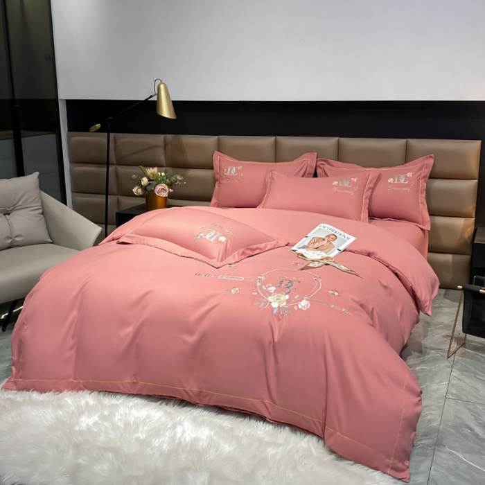 91家纺网 家纺一手货源 找家纺 靓生活 2022新款高克重磨毛刺绣四件套 相爱一生-豆沙粉