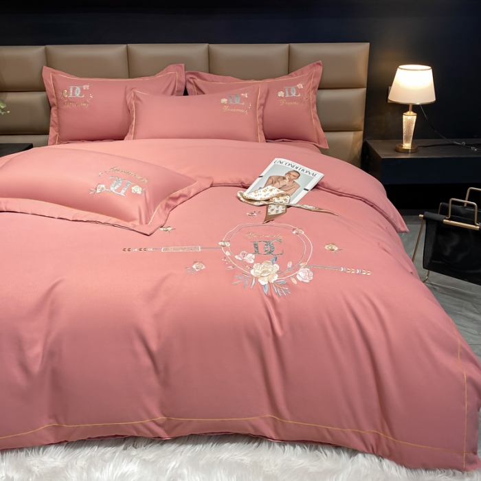 91家纺网 家纺一手货源 找家纺 靓生活 2022新款高克重磨毛刺绣四件套 相爱一生-豆沙粉