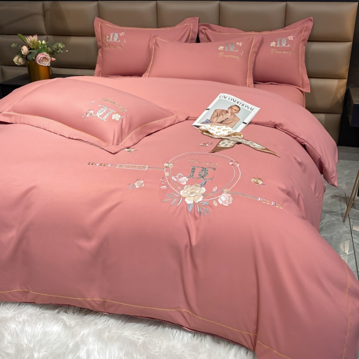 91家纺网 家纺一手货源 找家纺 靓生活 2022新款高克重磨毛刺绣四件套 相爱一生-豆沙粉