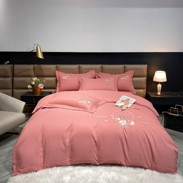 91家纺网 家纺一手货源 找家纺 靓生活 2022新款高克重磨毛刺绣四件套 相爱一生-豆沙粉