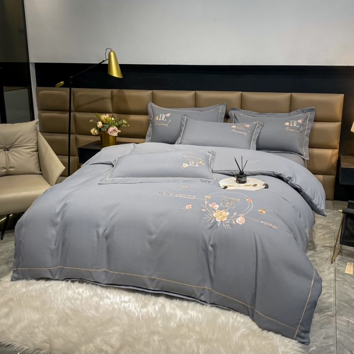 91家纺网 家纺一手货源 找家纺 靓生活 2022新款高克重磨毛刺绣四件套 相爱一生-高级灰