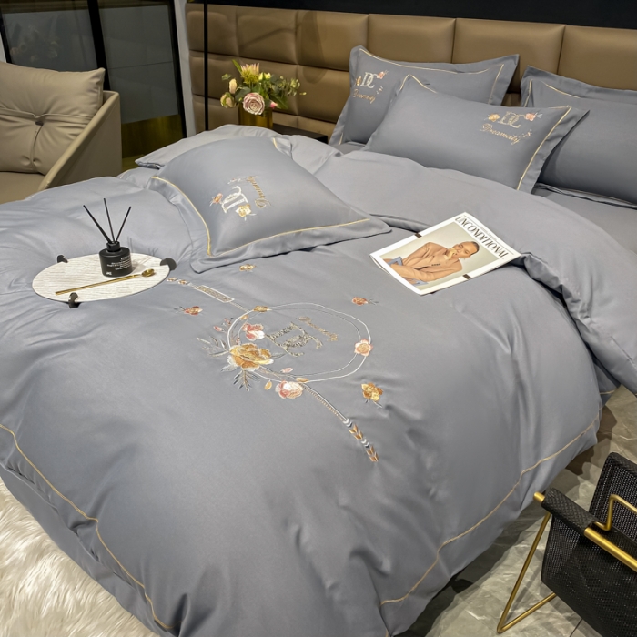 91家纺网 家纺一手货源 找家纺 靓生活 2022新款高克重磨毛刺绣四件套 相爱一生-高级灰