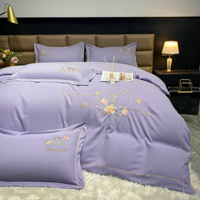 91家纺网 家纺一手货源 找家纺 靓生活 2022新款高克重磨毛刺绣四件套 相爱一生-梦幻紫