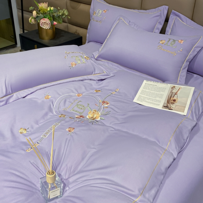 91家纺网 家纺一手货源 找家纺 靓生活 2022新款高克重磨毛刺绣四件套 相爱一生-梦幻紫