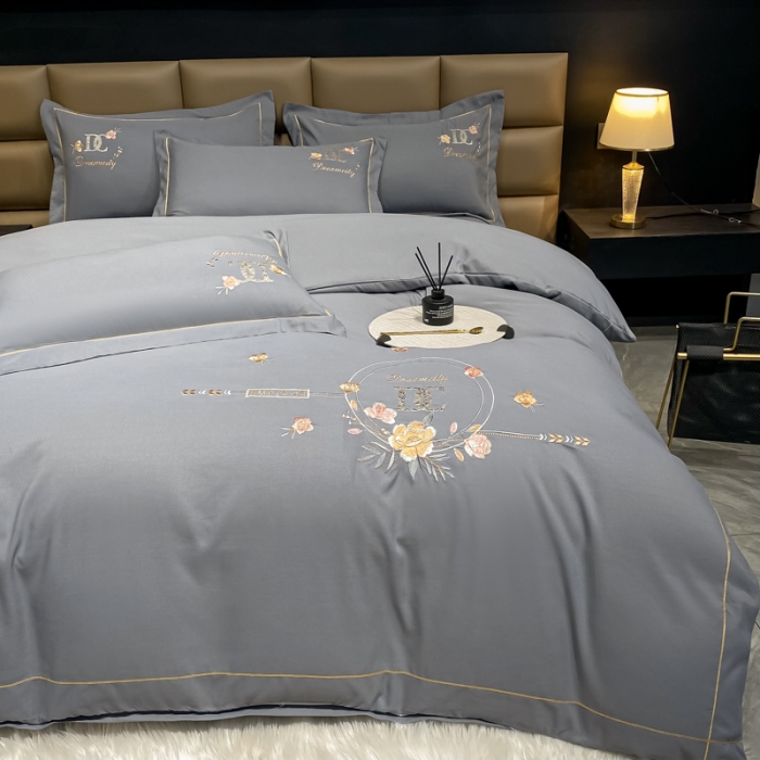 91家纺网 家纺一手货源 找家纺 靓生活 2022新款高克重磨毛刺绣四件套 相爱一生-高级灰