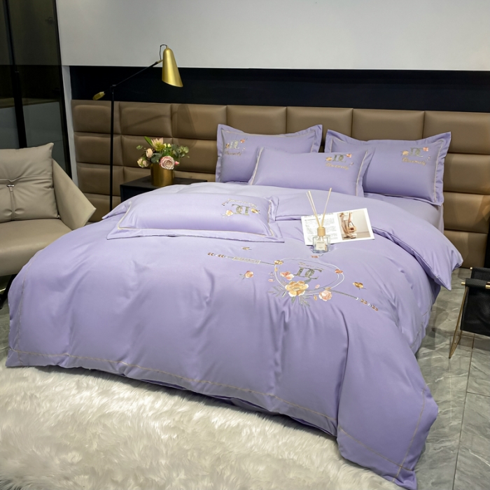 91家纺网 家纺一手货源 找家纺 靓生活 2022新款高克重磨毛刺绣四件套 相爱一生-梦幻紫