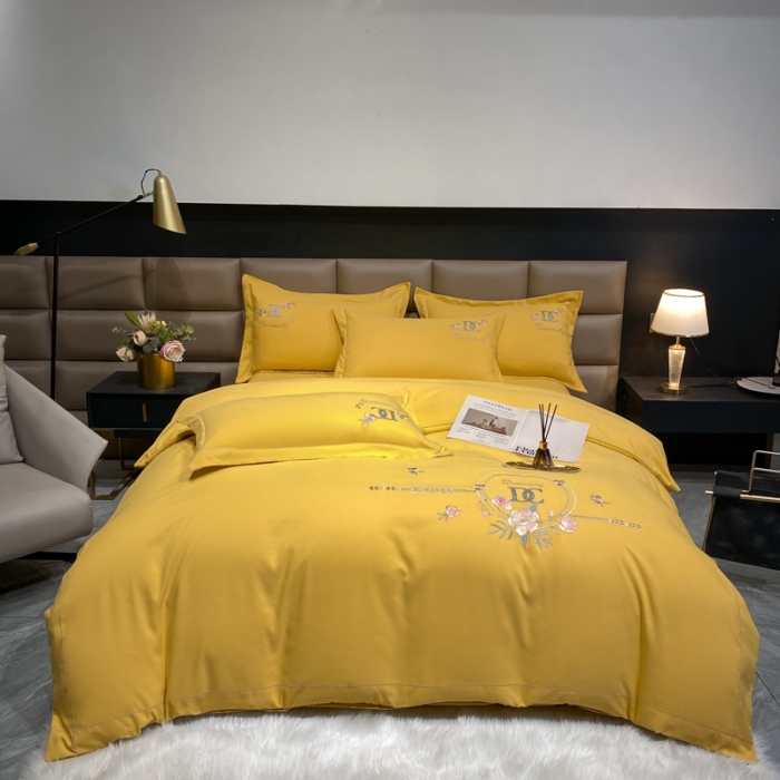 91家纺网 家纺一手货源 找家纺 靓生活 2022新款高克重磨毛刺绣四件套 相爱一生-柠檬黄
