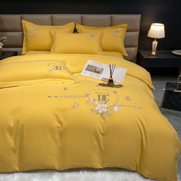 91家纺网 家纺一手货源 找家纺 靓生活 2022新款高克重磨毛刺绣四件套 相爱一生-柠檬黄