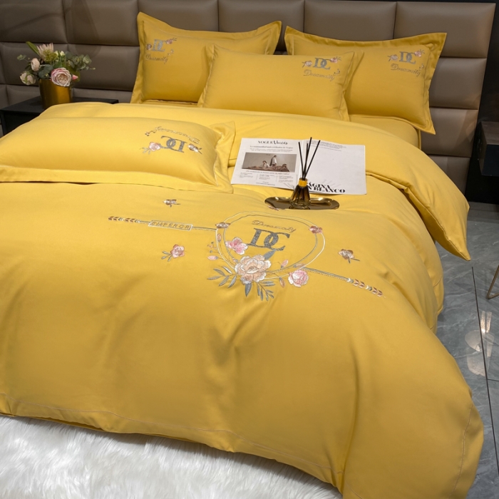 91家纺网 家纺一手货源 找家纺 靓生活 2022新款高克重磨毛刺绣四件套 相爱一生-柠檬黄