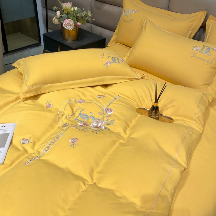 91家纺网 家纺一手货源 找家纺 靓生活 2022新款高克重磨毛刺绣四件套 相爱一生-柠檬黄