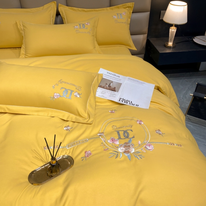 91家纺网 家纺一手货源 找家纺 靓生活 2022新款高克重磨毛刺绣四件套 相爱一生-柠檬黄