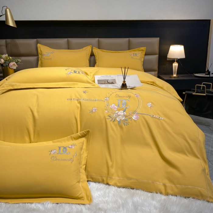 91家纺网 家纺一手货源 找家纺 靓生活 2022新款高克重磨毛刺绣四件套 相爱一生-柠檬黄