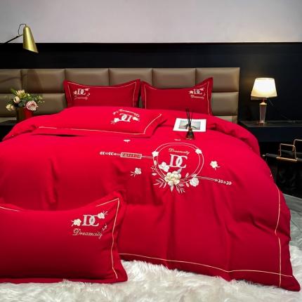 靓生活 2022新款高克重磨毛刺绣四件套 相爱一生-大红