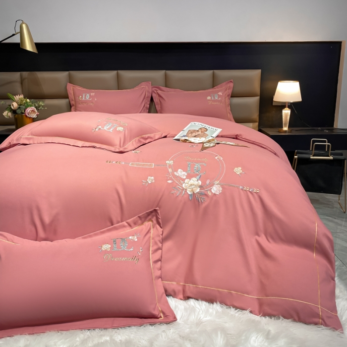 91家纺网 家纺一手货源 找家纺 靓生活 2022新款高克重磨毛刺绣四件套 相爱一生-豆沙粉