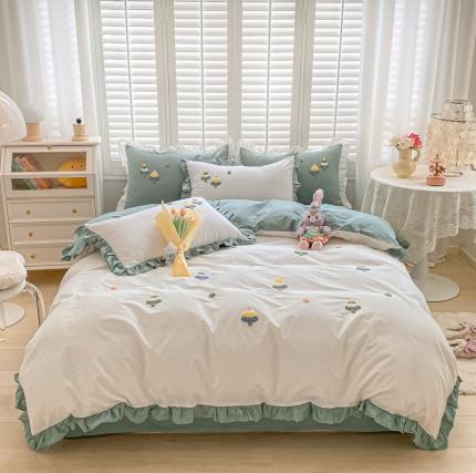 全棉13376荷叶边毛巾绣公主风床单床笠款四件套圣诞树白拼绿