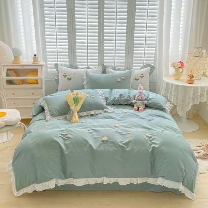 全棉13376荷叶边毛巾绣公主风床单床笠款四件套 圣诞树-绿
