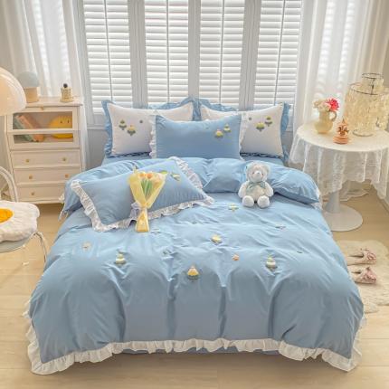 全棉13376荷叶边毛巾绣公主风床单床笠款四件套 圣诞树-蓝