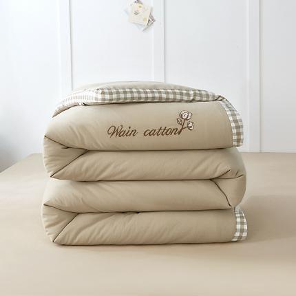 鸣升 新款全棉水洗棉冬被春秋被夏被棉花被 棋盘格边-浅驼