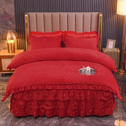 鑫思绒 水晶绒绗缝床裙绗缝被套款四件套牛奶绒加厚保暖被罩床罩 胭脂红