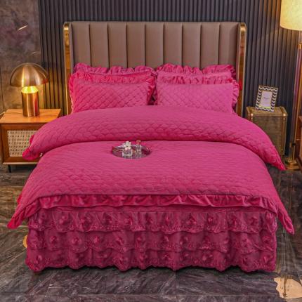 鑫思绒 水晶绒绗缝床裙绗缝被套款四件套牛奶绒加厚保暖被罩床罩 玫瑰红