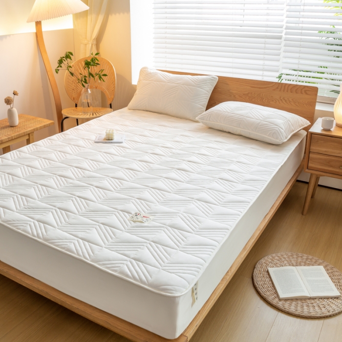 91家纺网 家纺一手货源 找家纺 给笠 2023新款A类原棉夹棉大豆床笠 几何格-米白