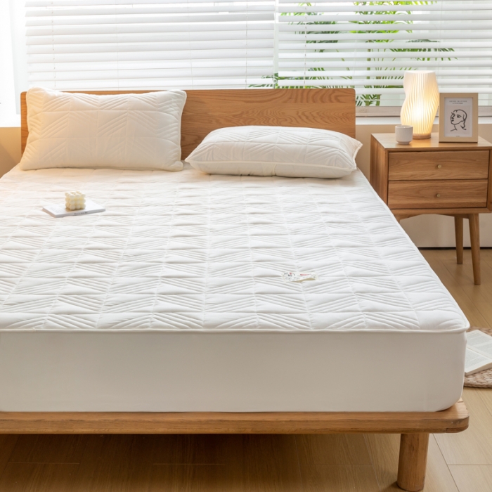 91家纺网 家纺一手货源 找家纺 给笠 2023新款A类原棉夹棉大豆床笠 几何格-米白