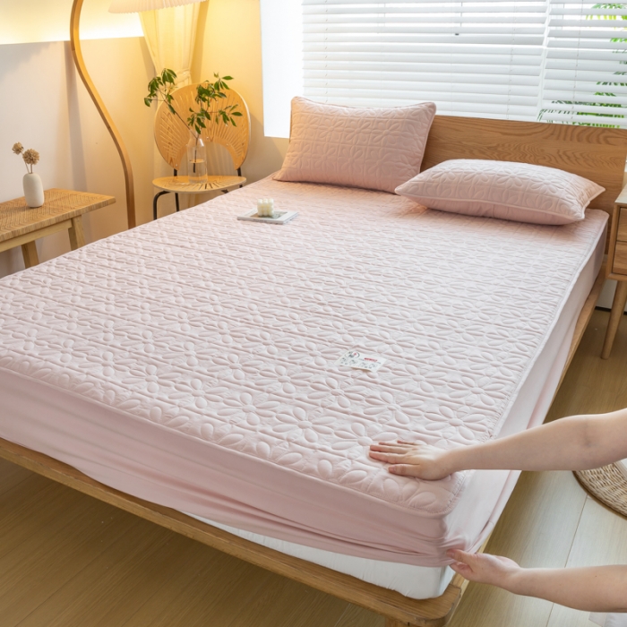 91家纺网 家纺一手货源 找家纺 给笠 2023新款A类原棉夹棉大豆床笠 幸运格-淡粉