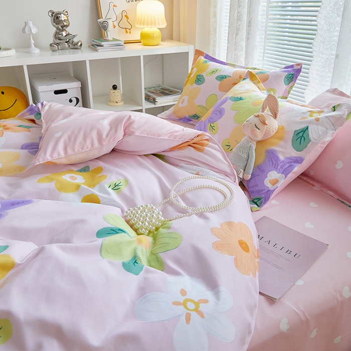 91家纺网 家纺一手货源 找家纺 世爵 2023新款加厚磨毛印花四件套 花香半语粉