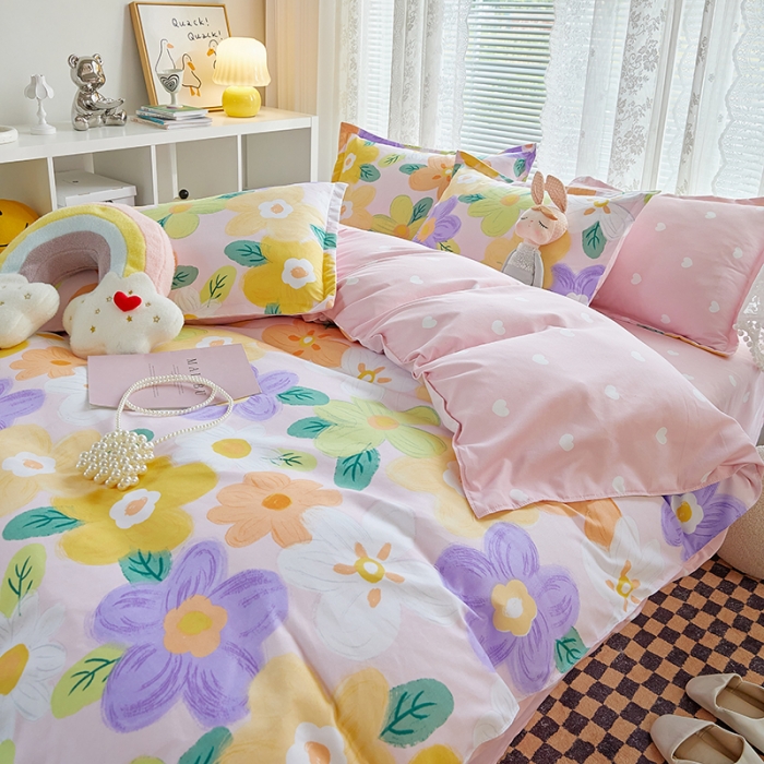 91家纺网 家纺一手货源 找家纺 世爵 2023新款加厚磨毛印花四件套 花香半语粉