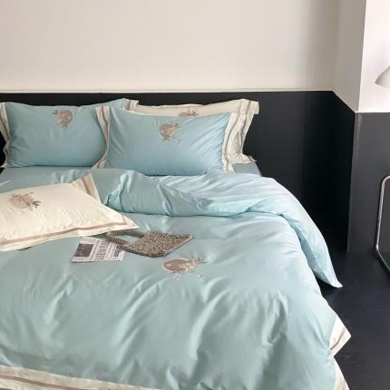 馨蕊 2022秋冬新品100支高定全棉刺绣四件套-蜜恋 蜜恋-湖水蓝