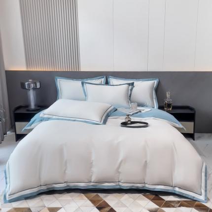 91家纺网 家纺一手货源 找家纺 好阁 2023新款100支长绒棉双股全棉极简双拼四件套 白蓝