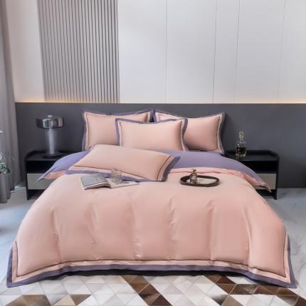 91家纺网 家纺一手货源 找家纺 好阁 2023新款100支长绒棉双股全棉极简双拼四件套 粉紫