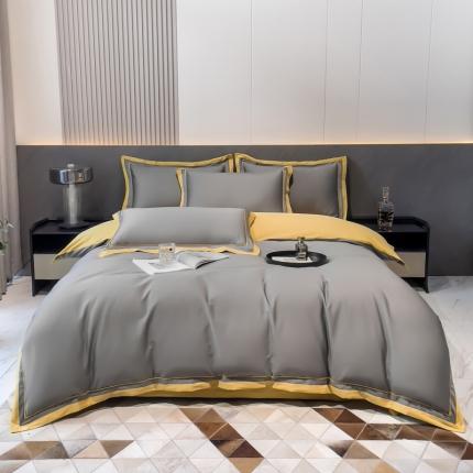 91家纺网 家纺一手货源 找家纺 好阁 2023新款100支长绒棉双股全棉极简双拼四件套 灰黄