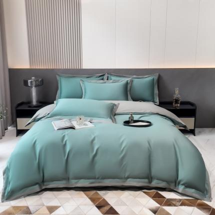 91家纺网 家纺一手货源 找家纺 好阁 2023新款100支长绒棉双股全棉极简双拼四件套 绿灰