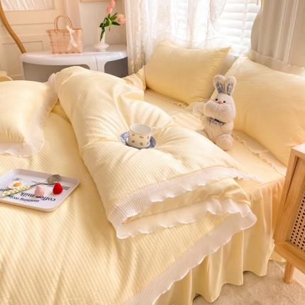 91家纺网 家纺一手货源 找家纺 慕澄家纺 2022新款华夫格雪纺花边四件套 奶黄色