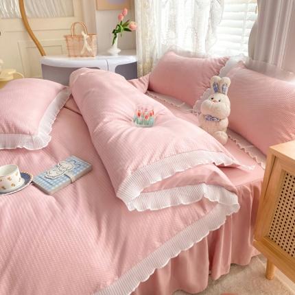 91家纺网 家纺一手货源 找家纺 慕澄家纺 2022新款华夫格雪纺花边四件套 浅豆沙